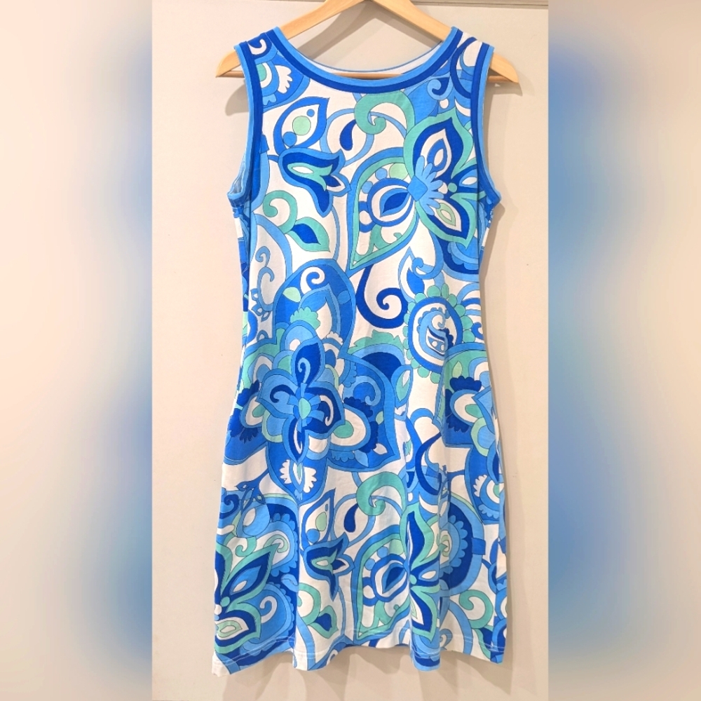 Barbara Gerwit Dress White Blue Green Paisley Sleeveless Dress With Pockets Sz-M